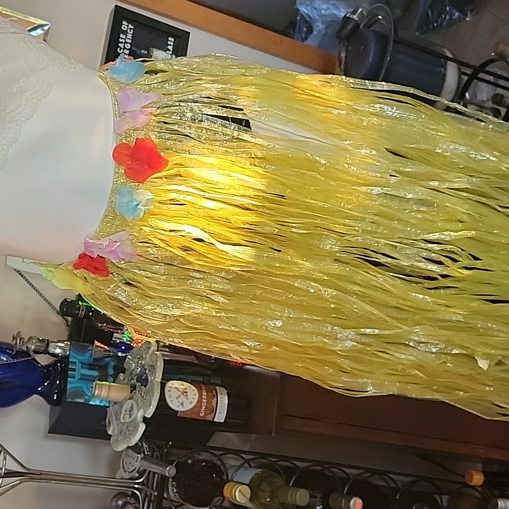 Hula Grass skirt. Plastic,elastic waist. Yellow. Med.